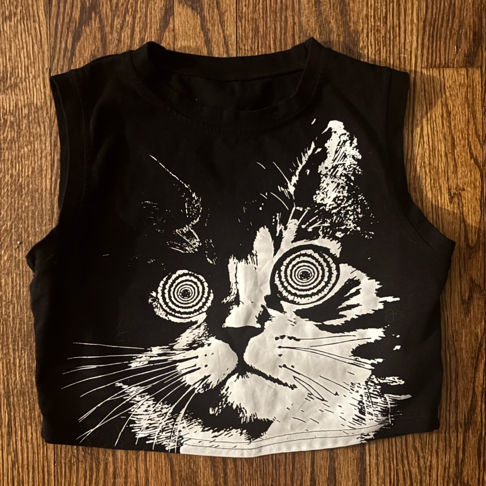 SOLD Black and White Cat Graphic Cropped Fitted Tank